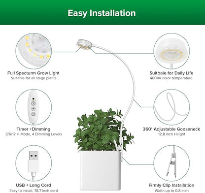 SANSI Grow Lights for Indoor Plants, Pot Clip LED Plant Lights for Indoor Growing, Full Spectrum, Plant Lamp with 4-Level Dimmable, Auto On Off 3 6 12 Hrs Timer for Succulents, Small Plant, White, 5V.