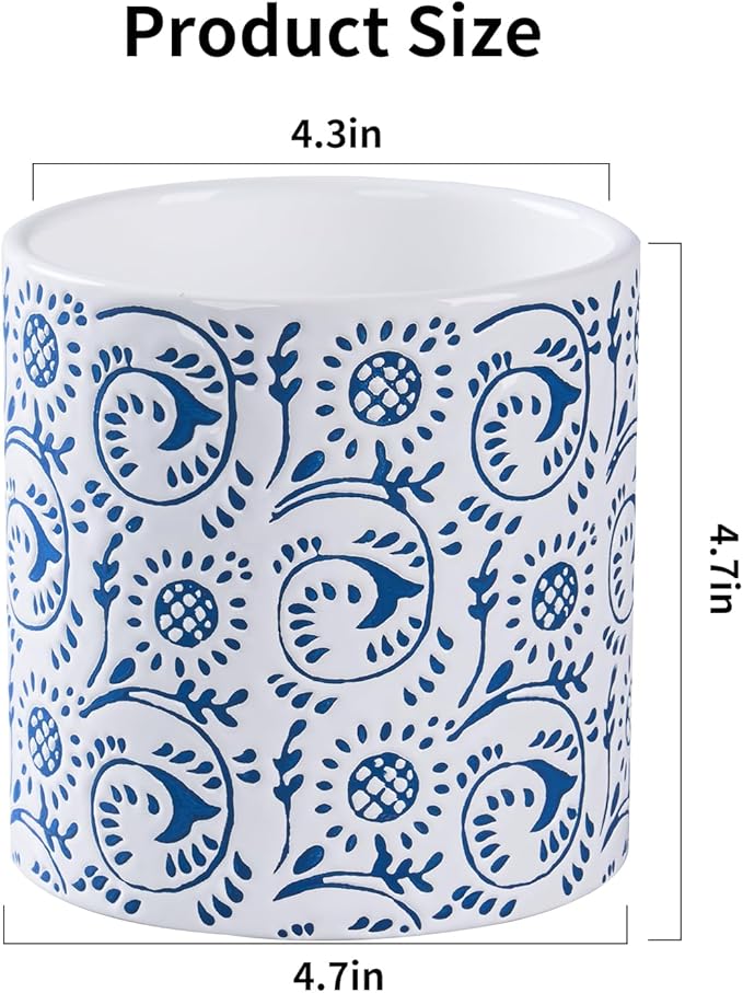 Blue and White Ceramic Plant Pot for Indoor Plants, 4.7 Inch Boho Flower Pot with Drainage Holes, Modern Planter for Home & Office Decor