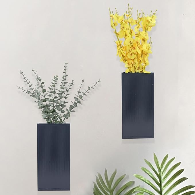 Wood Wall Planter Set of 2, Modern Wall Hanging Decor Pocket Planter for Greenery and Dried Flowers, Indoor Wood Hanging Vase (Blue)