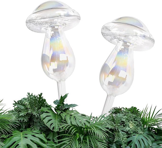 Plant Watering Globes- 2Pcs Iridescent Rainbow Glass Water Bulbs Mushroom Self Watering Spikes Planter Insert Automatic Plant Watering Bulbs Devices for Indoor and Outdoor Plants