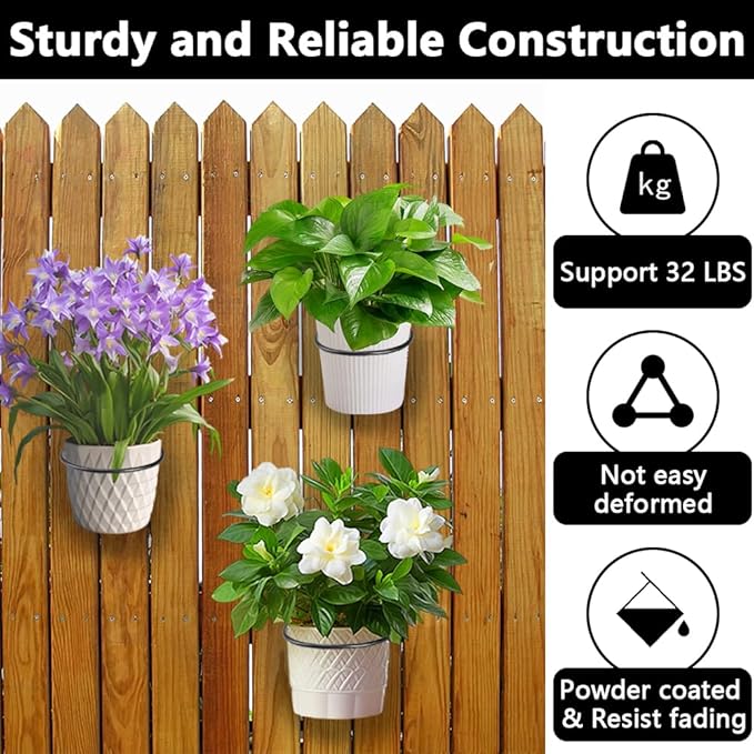8 Pack 5 Inch Wall Mounted Plant Holder, Heavy Duty Flower Pot Holder Ring, Rust Resistant Wall Plant Holder for Indoor and Outdoor Flower Pots, Garden, Fence Balcony, Home (Black)