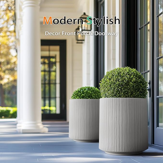 Concrete Planter Outdoor Indoor, Large Cement Plant Pots with Saucer for Trees Flowers (Vertical Gray, 17 inch)