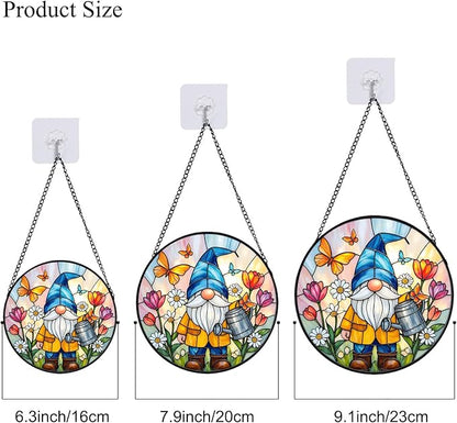 Stained Glass Window Hanging, Gnome in Garden Sun Catcher for Indoor Window Decoration with Flowers & Butterflies, Stained Glass Home Decor Gift for Women and Men G34 (7.9'')