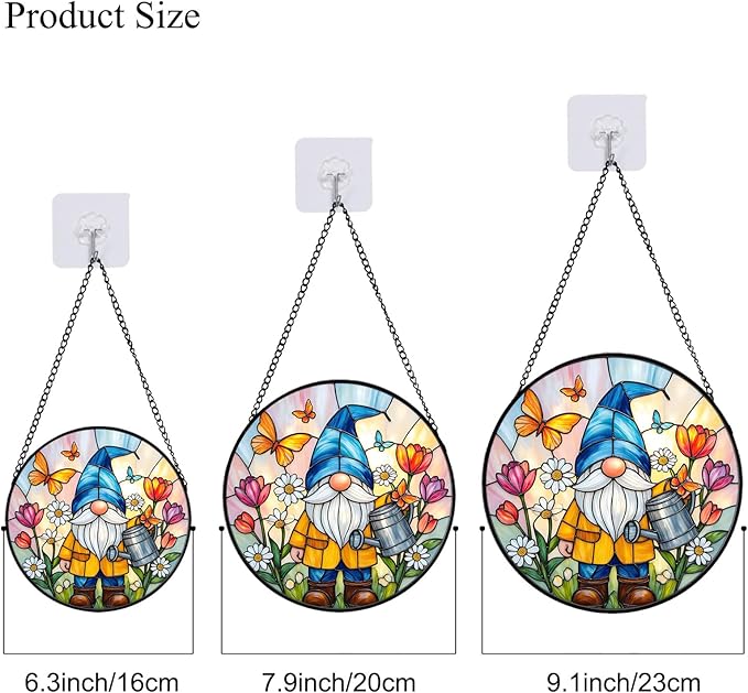 Stained Glass Window Hanging, Gnome in Garden Sun Catcher for Indoor Window Decoration with Flowers & Butterflies, Stained Glass Home Decor Gift for Women and Men G34 (6.3'')