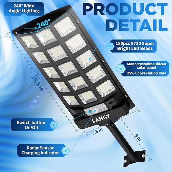 LANGY Solar Street Lights Outdoor 4 Pack, 6500K Solar Lights Outdoor Dusk to Dawn with Motion Sensor & Remote Control, IP66 Waterproof LED Flood Security Lights for Outside Garden Yard Parking Lot