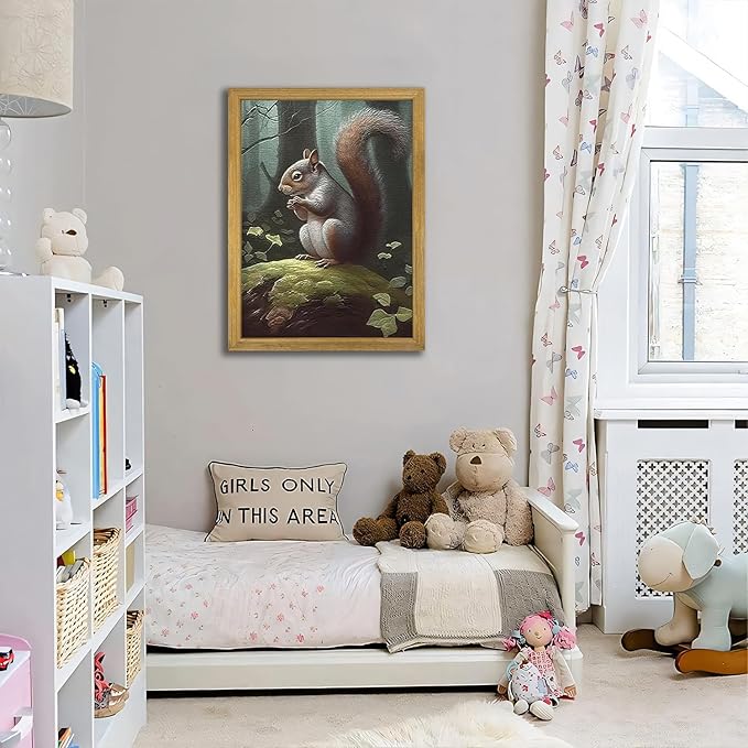 SAMHOU Framed Vintage 3D Textured Wall Art, Hand Drawn Sandstone Squirrel Prints Pictures, Dark Nature Animal Wall Decor for Living Room Bedroom Bathroom Nursery 16x24 inch