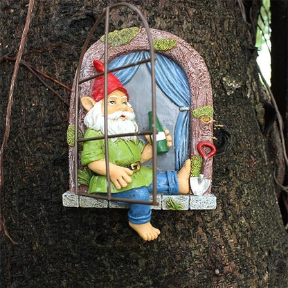 Garden Gnome Window Statue for Trees and Wall, Drinking Dwarf Fairy Garden Miniature Accessories, Patio Art Sculpture