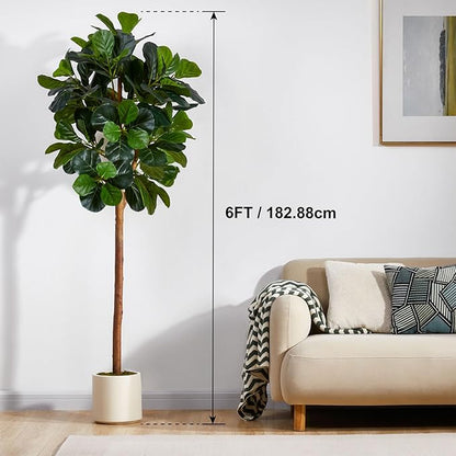 6FT Artificial Fiddle Leaf Fig Tree, Artificial Fig Tree Floor Plant with White Planter, Premium Silk Fake Plants for Living Room, Bedroom, Office, Home & Indoor Décor