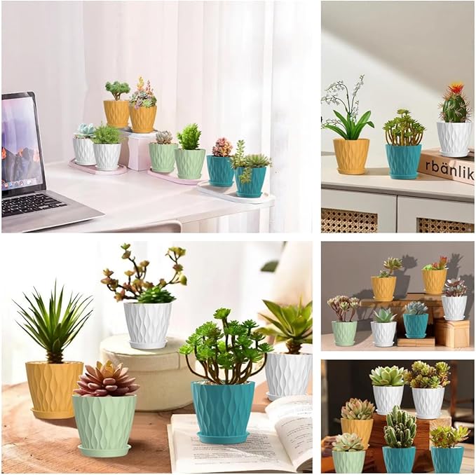 16 Pack 4 Inch Plastic Planter Pots with Tray, Heavy Duty Indoor Outdoor Planter Pots with 48 Drainage Holes for Herbs, Succulents, Seedlings, Flowers Durable and Lightweight Multicolour