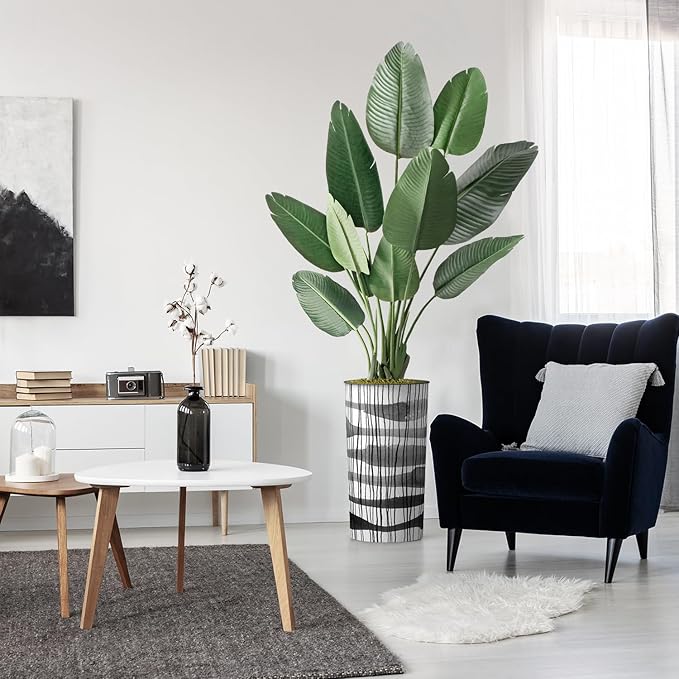 Artificial Tree in Black and White Vertical Stripe Planter, Fake Bird of Paradise Silk Tree for Indoor and Outdoor Home Decoration - 67" Overall Tall (Plant Pot Plus Tree)