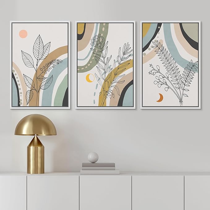 Ashbrook Framed Wall Art Print Set 1960s Retro Floral Forest Plant Silhouettes Abstract Nature Illustrations Modern Art Boho Colorful for Living Room, Bedroom, Office - 16"x24"x3 WHITE