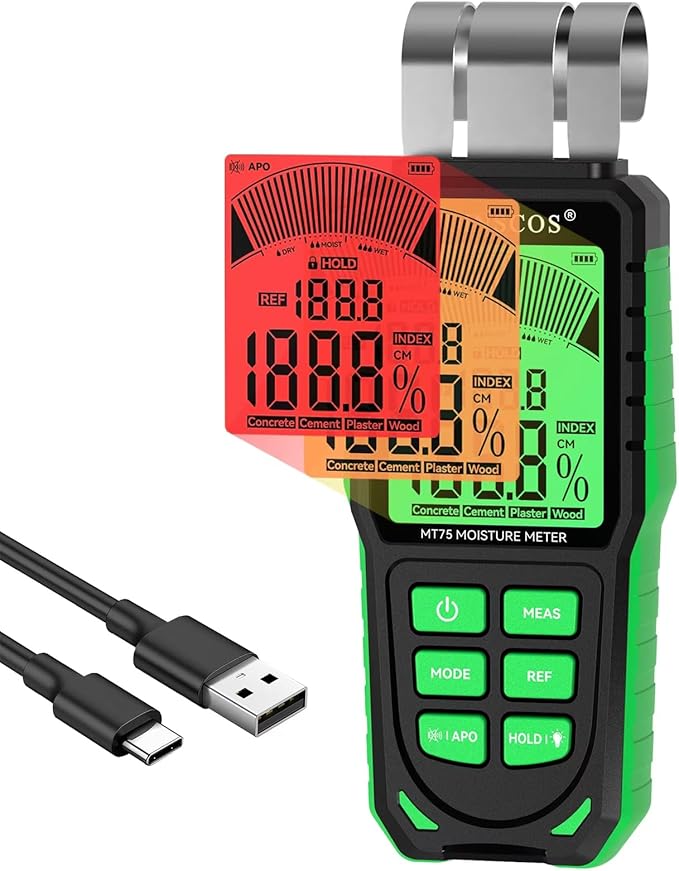 RDINSCOS Pinless Moisture Meter for Wood, Cement, Floors, Drywall, Concrete and Plaster – Non-Invasive Digital Damp Detector with 40mm Depth, REF Mode, Backlit LCD, for Home and Professional Use
