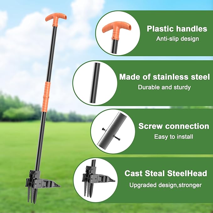 ZHENHAN Weed Puller Tool,43" Iron Stand-Up - No Bend Push-Pull Weeding Tool with Foot Pedal, Extra Long Handle Dandelion Remover for Lawn & Garden, Heavy Duty Root Extraction Tool （Black）