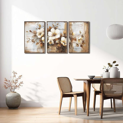 YCJKJDZ Framed Dark Floral Canvas Wall Art Set of 3, Neutral Fall Plant Bohemian Vintage Moody Flower Wall Decor Artwork for Farmhouse Bedroom Living Room Office, 16x24 inches