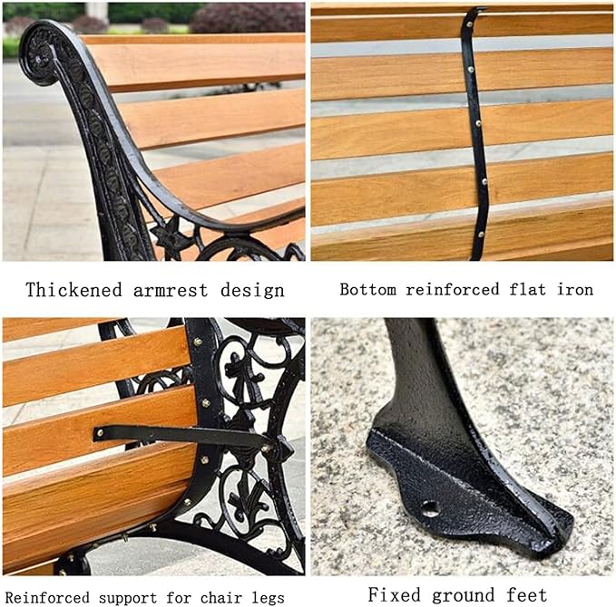Outdoor Garden Bench with Waterproof Cover, Patio Park Lawn Solid Wood Bench with Cast Iron Frame, Patio Porch Furniture Bench with Backrest and Armrests for 2-3 People(Antique Bronze)