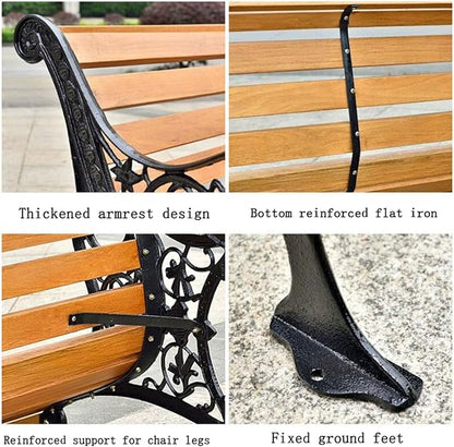 Outdoor Garden Bench with Waterproof Cover, Patio Park Lawn Solid Wood Bench with Cast Iron Frame, Patio Porch Furniture Bench with Backrest and Armrests for 2-3 People(Antique Bronze)