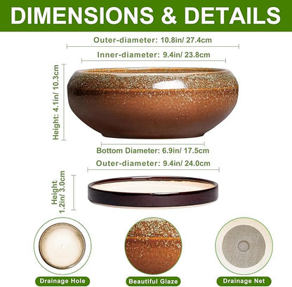 Bonsai Pots - 10 Inch Ceramic Succulent Pots with Drainage Hole and Saucer, Bonsai Planter for Indoor Outdoor, Large Shallow Planter Bowl, Office Decor, Gifts for Plant Lovers, Retro Brown