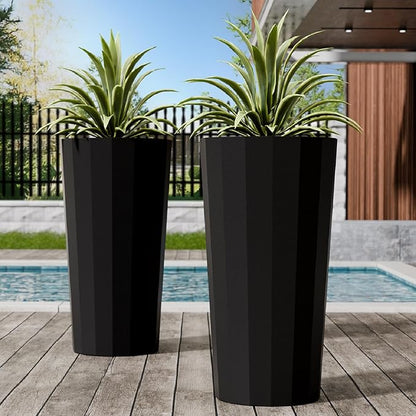 2PCS Tall Planters for Outdoor Plants, 23.6 Inches Large Outdoor Conical Flower Pots for Porch with Drainage Holes and Drainage Baffle, Tapered Large Planters for Garden, Balcony Use, Black