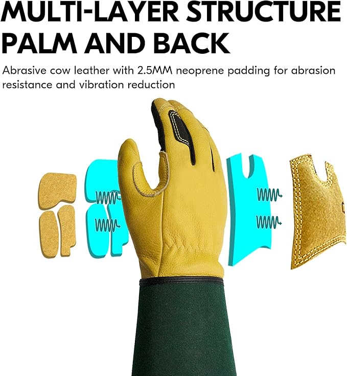 Vgo... Men's Extra-Long Leather Gardening Gloves, Gauntlet with Adjustable Cuff, Puncture & Thorn Proof, Touchscreen (CA7472)