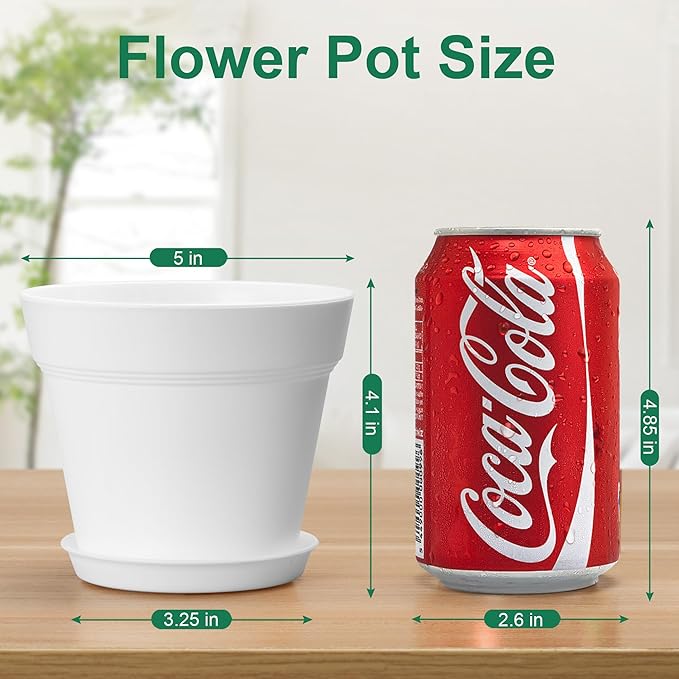 10 Pack Plastic Plant Pots with Drainage Holes and Tray, 5 inch Thickened Indoor Planters Seedlings Nursery Pots for Flowers, African Violet, Succulent and All House Plants, White