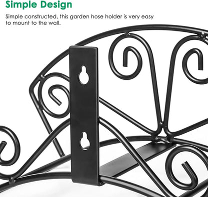TomCare Garden Hose Holder Heavy Duty Water Hose Holder Solid Metal Hose Hanger Wall Mount Decorative Durable Garden Hose Storage Hose Reel Hose Organizer for Outside Yard, Black