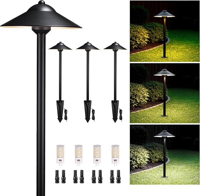 Gardenreet Solid Brass Landscape Path Lights (9" Shade) - Warm & Neutral White Adjustable Low Voltage Pathway Light, 12v IP65 Outdoor Area Lighting, Black LED for Yard Driveway with G4 Bulb (4 Pack)