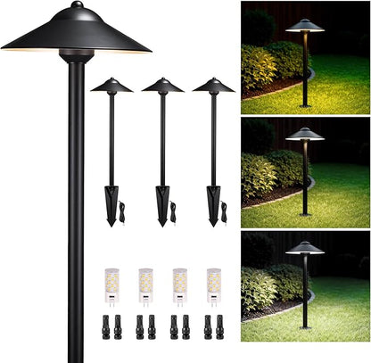 Gardenreet Solid Brass Landscape Path Lights (9" Shade) - Warm & Neutral White Adjustable Low Voltage Pathway Light, 12v IP65 Outdoor Area Lighting, Black LED for Yard Driveway with G4 Bulb (4 Pack)