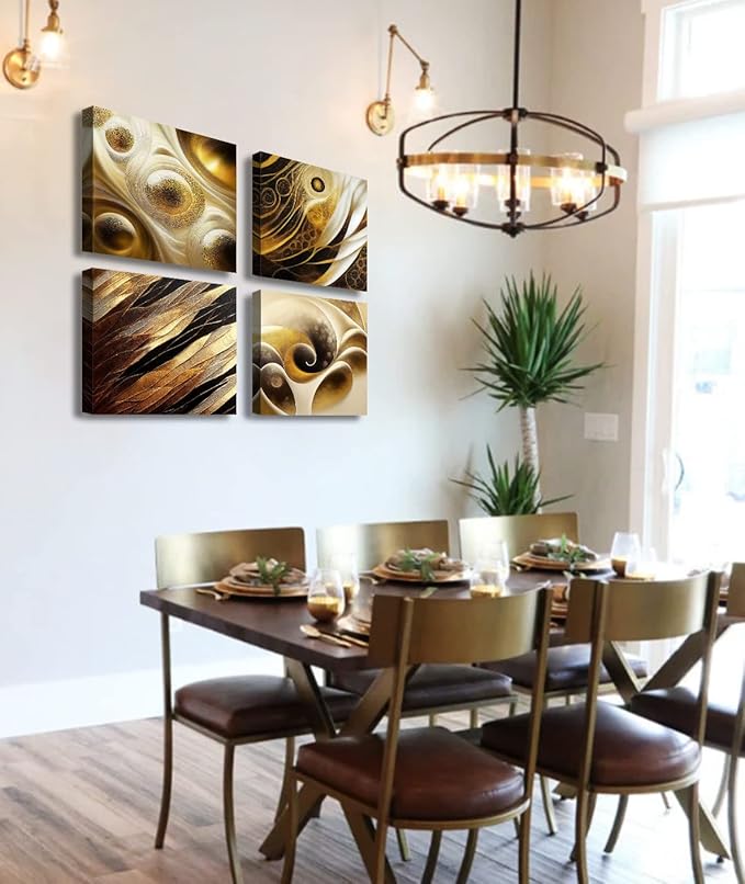 BLINFEIRU Modern Gold Abstract Canvas Wall Art Black and Gold Wall Decor for Living Room Bedroom Abstract Painting Pictures Home Office Artwork Framed Ready to Hang 12x12 Inch