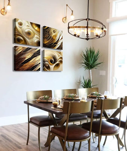 BLINFEIRU Modern Gold Abstract Canvas Wall Art Black and Gold Wall Decor for Living Room Bedroom Abstract Painting Pictures Home Office Artwork Framed Ready to Hang 12x12 Inch
