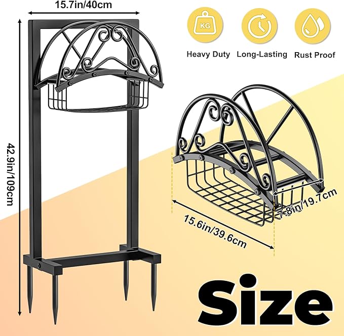 Garden Hose Holder, 4 Spikes Freestanding Water Hose Holder Reels, Heavy Duty Detachable Hose Stand with Storage Basket for Outside Yard Lawn (B-4 Spikes)
