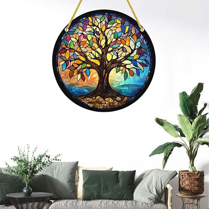Acrylic Stained Window Hanging Art Tree Acrylic Decoration for Indoor Outdoor Home Bar Office Garden Plastic Ornament Decor 8x8 Inch