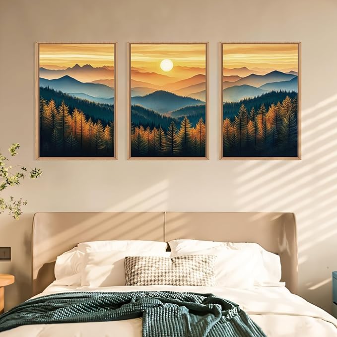 Large Boho Sunrise Mountain Framed Canvas Wall Art,Abstract Nature Forest Wall Decor,Foggy Pine Tree Painting,Retro Landscape Artwork for Living Room,Bedroom,Dining Room,Office -16"x24"x3