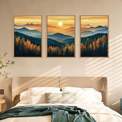 Large Boho Sunrise Mountain Framed Canvas Wall Art,Abstract Nature Forest Wall Decor,Foggy Pine Tree Painting,Retro Landscape Artwork for Living Room,Bedroom,Dining Room,Office -16"x24"x3