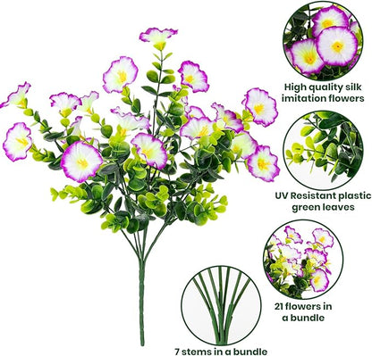 Artificial Faux Flowers for Outdoor 16 Bundles Boxwood Fake Morning Glory for Planter,UV Resistant Fake Flowers for Home Porch Patio Outside（Purple/White）