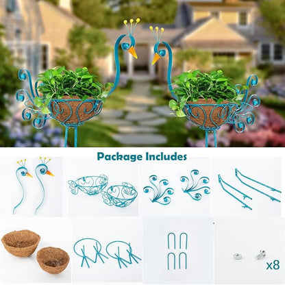 Set of 2 Blue Peacock Outdoor Planters with Basket, Metal Peacock Planter for Indoor Outdoor Garden Yard Decor
