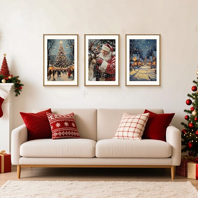 Aryroi Large Enchanting Christmas Framed Canvas Wall Art Set,Santa Claus Reindeer Wall Decor,Magical Glowing Christmas Tree Artwork,Winter Snowy Village Art Print for Living Room,Bedroom- 24"x36"x3