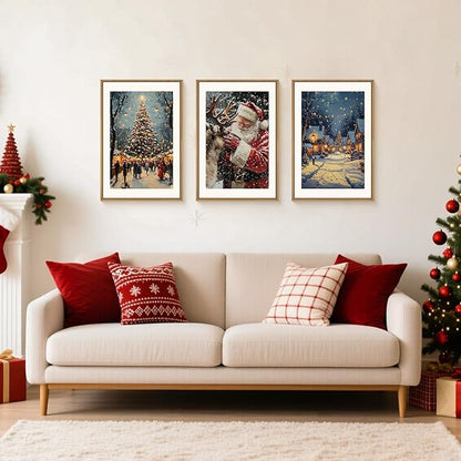 Aryroi Large Enchanting Christmas Framed Canvas Wall Art Set,Santa Claus Reindeer Wall Decor,Magical Glowing Christmas Tree Artwork,Winter Snowy Village Art Print for Living Room,Bedroom- 16"x24"x3