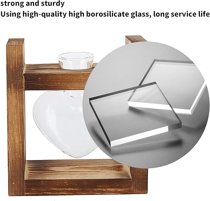Zerodis Plant Terrarium with Wooden Stand,Heart Shaped Transparent Glass Vase Flower Pot Hydroponics Plant Propagation Station for Hydroponics Plants Home Office Decor (Retro Box + 1