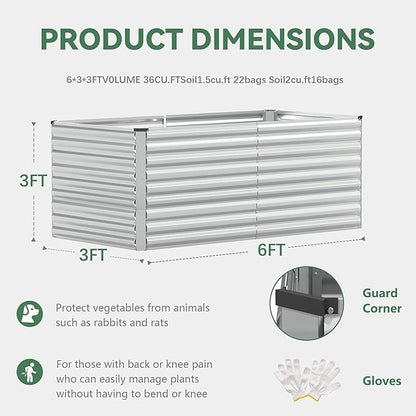 FOOWIN 2pcs 6x3x3ft Galvanized Raised Garden Bed, Planter Raised Garden Boxes Outdoor, Large Metal Raised Beds for Gardening, Garden Bed for Vegetables, Flowers, Herb, Silver