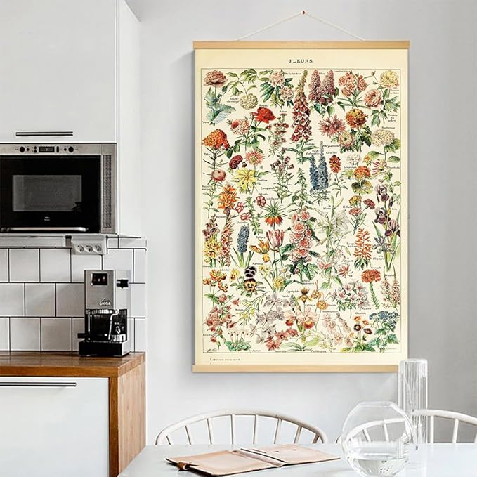 Vintage Flowers Poster Hanger Frame, Plant Floral Reference Chart Wall Decor Cottagecore Room Decor Aesthetic, Retro Style Wall Decor Art Painting Prints. (plant D, 18L x 12W)