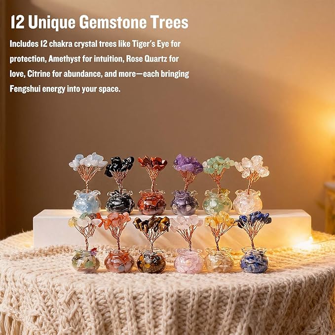 Runyangshi 12 Pcs Chakra Crystal Trees of Life - Fengshui Money Luck Gemstones Tree, Handmade with Natural Stones and Copper Wire for Home Office Decoration, Reiki Healing Meditation Gifts