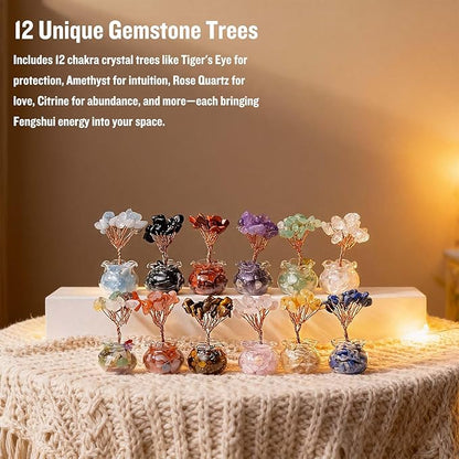 Runyangshi 12 Pcs Chakra Crystal Trees of Life - Fengshui Money Luck Gemstones Tree, Handmade with Natural Stones and Copper Wire for Home Office Decoration, Reiki Healing Meditation Gifts