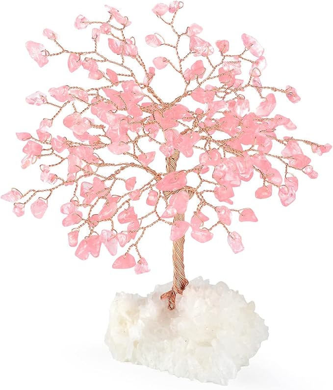 Gemstone Crystal Tree of Life,Natural Rose Quartz Clear Quartz Cluster Base,Healing Crystal Positive Energy Bonsai Feng Shui Money Tree Home Decor for Luck and Wealth 5.5"-6.3"