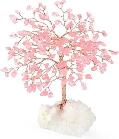 Gemstone Crystal Tree of Life,Natural Rose Quartz Clear Quartz Cluster Base,Healing Crystal Positive Energy Bonsai Feng Shui Money Tree Home Decor for Luck and Wealth 5.5"-6.3"