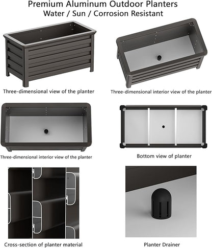Aluminum Rectangular Outdoor Planter 39.36" Long Box Planter for Patio Porch Indoor Outdoor Weather-Resistant Large Planters with Drainage Hole for Flowers, Dark Brown, 19.68"D x 39.36"W x 19.68"H