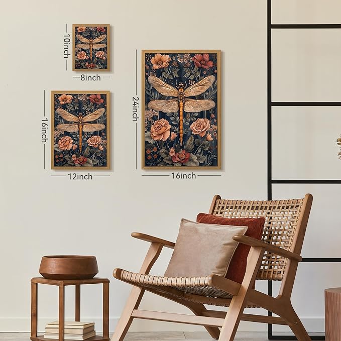 CAZLOUC Vintage Dragonfly Wall Art, William Morris Botanical Wall Decor, Neutral Insect Flower Poster Print, Dark Nature Floral Aesthetic Picture for Living Room Bedroom Wood Framed 8x10 Inch