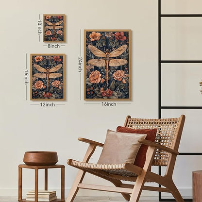 CAZLOUC Vintage Dragonfly Wall Art, William Morris Botanical Wall Decor, Neutral Insect Flower Poster Print, Dark Nature Floral Aesthetic Picture for Living Room Bedroom Wood Framed 8x10 Inch