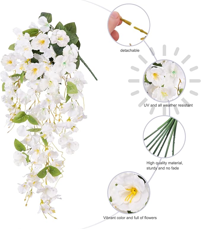 Fake Hibiscus Artificial Hanging Flowers Plants for Outdoors Spring Decoration, 2pcs Silk Hibiscus Vines Realistic UV Resistant White Faux Flowers for Outside Planter Porch Patio Yard Wedding Party