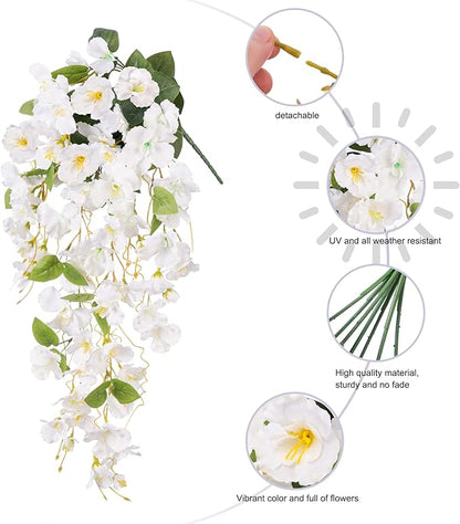 Fake Hibiscus Artificial Hanging Flowers Plants for Outdoors Spring Decoration, 4pcs Silk Hibiscus Vines Realistic UV Resistant White Faux Flowers for Outside Planter Porch Patio Yard Wedding Party