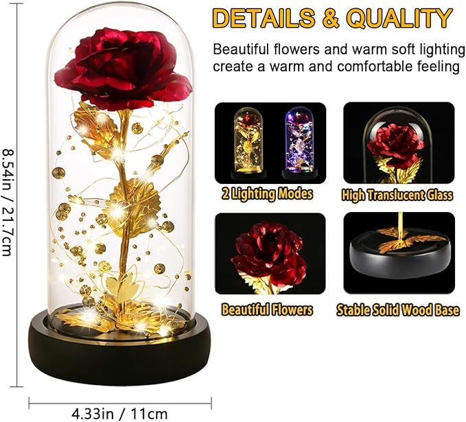 Valentines Rose Gifts for Her Birthday Gifts for Women Valentines Flower Galaxy Glass Rose with 2 Light Modes Forever Eternal Colorful Gold Foil Rose in Glass Dome,Anniversary Valentines Women Gifts